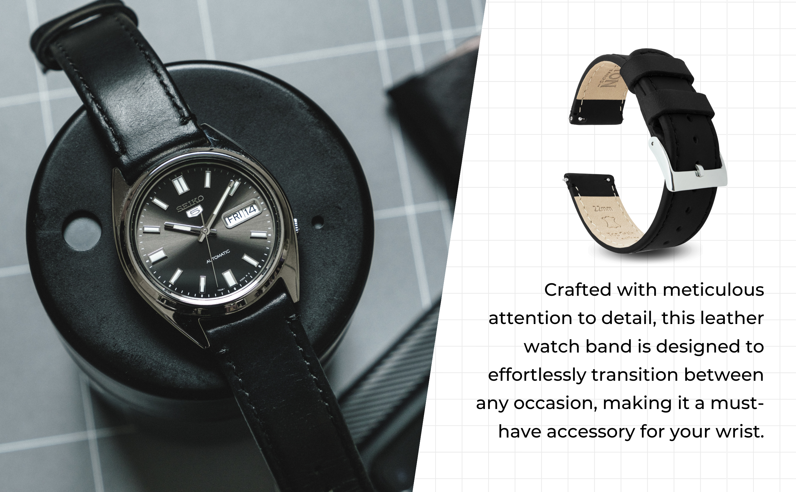 Black Leather White Stitching Quick Release Watch Band