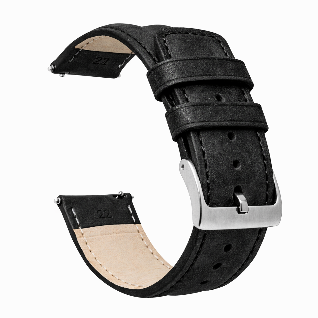 chinese dress ladies Black Classic Horween Leather Watch Band 22mm / Stainless