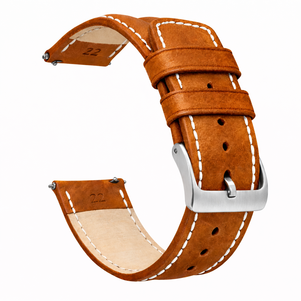Caramel Brown Classic Horween Leather Linen Stitching Watch Band