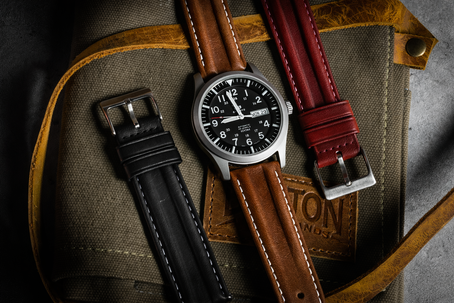 Chocolate Brown Classic Horween Leather Linen Stitching Watch Band