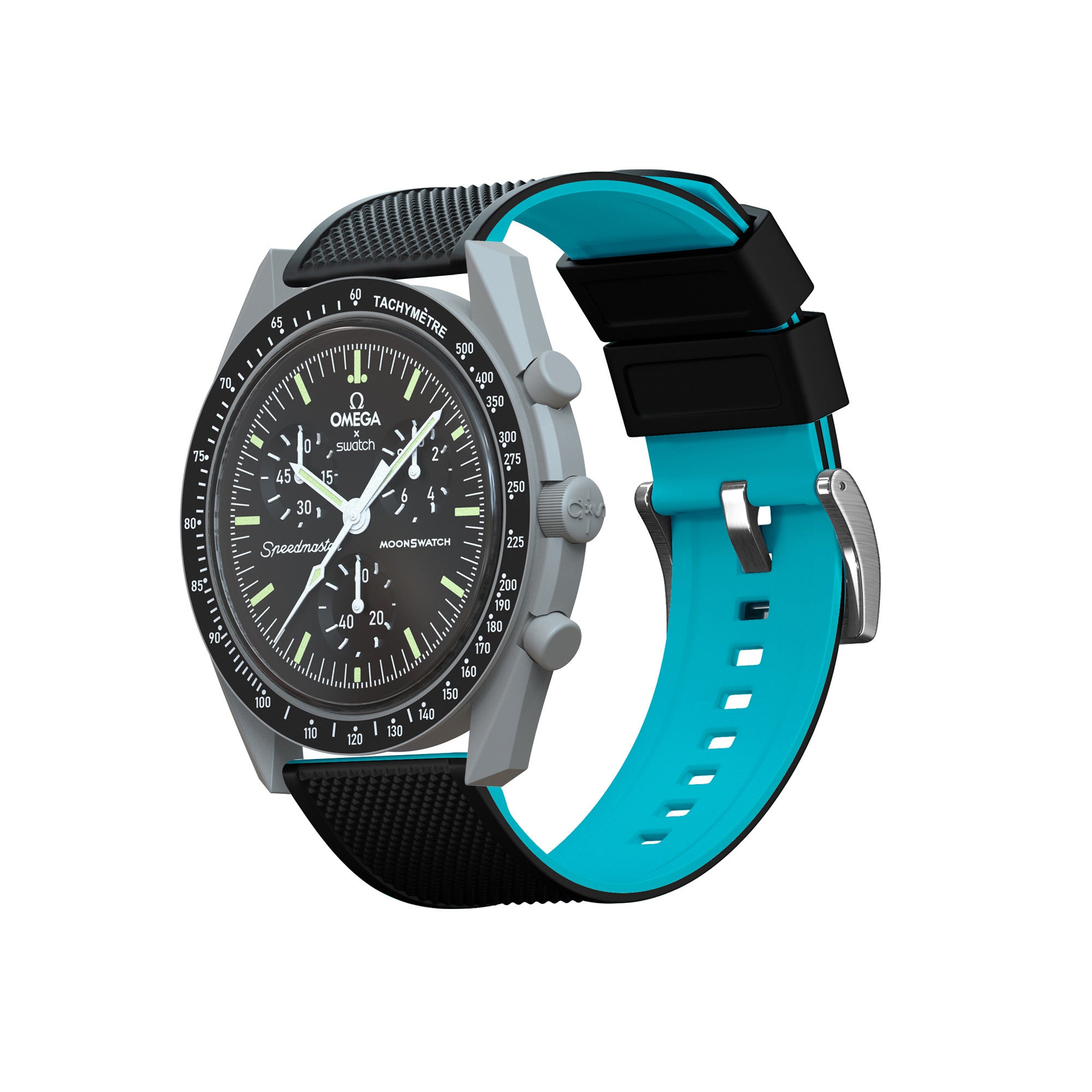Omega Moonswatch Elite Silicone Black Top Aqua Blue Bottom Watch Band