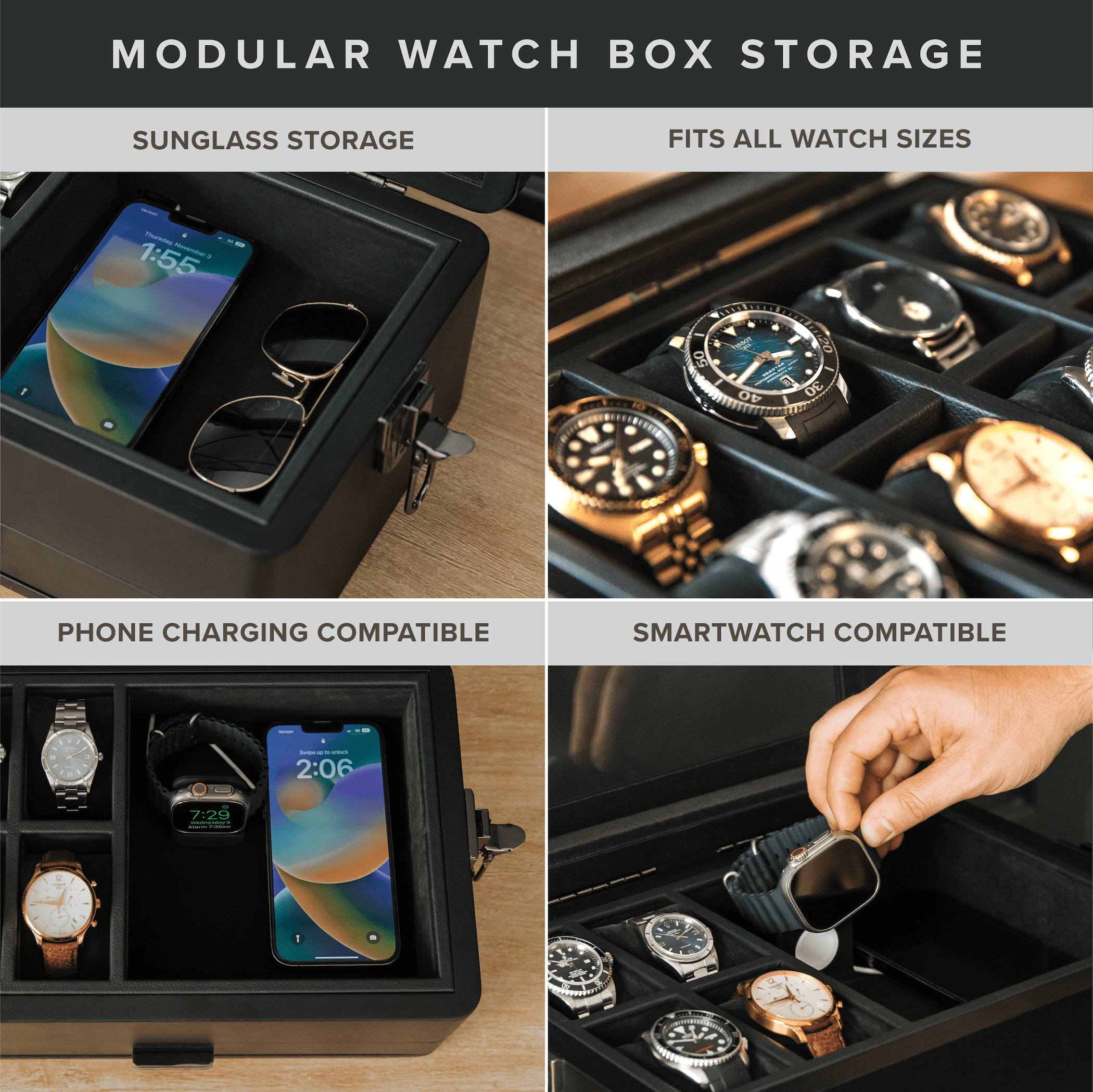 10-Slot Black Watch Box with Modular Storage & Accessory Drawer