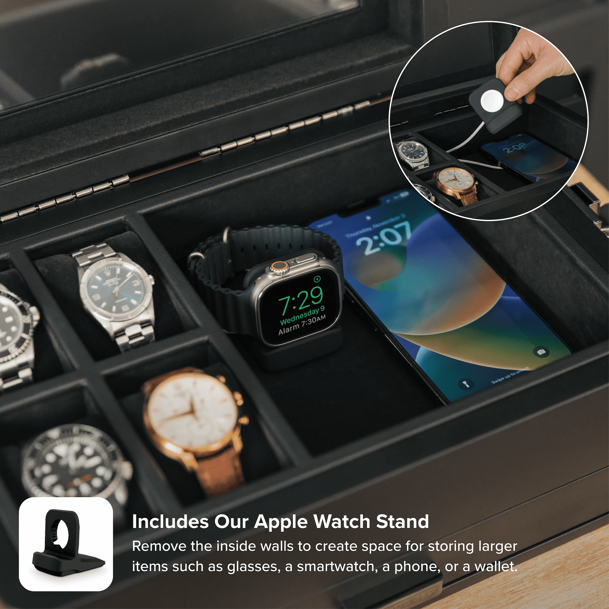 10-Slot Black Watch Box with Modular Storage & Accessory Drawer