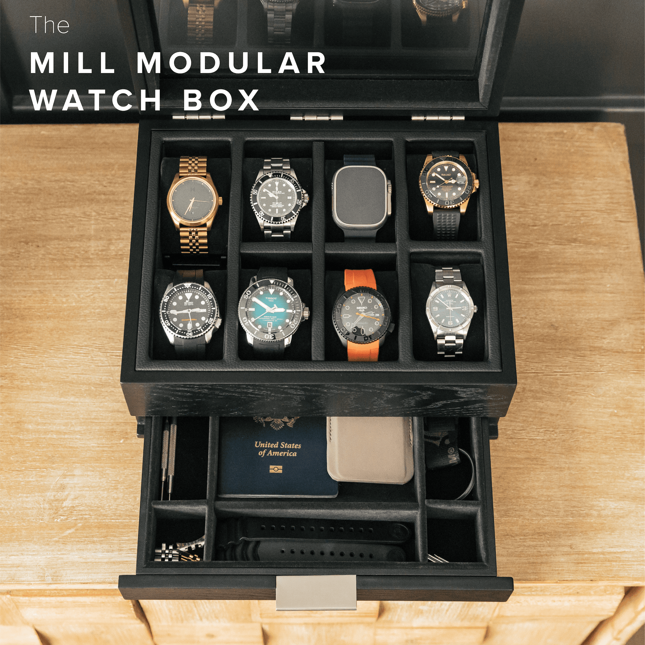 8-Slot Black Watch Storage Display Box with Velvet Lining and Glass Top