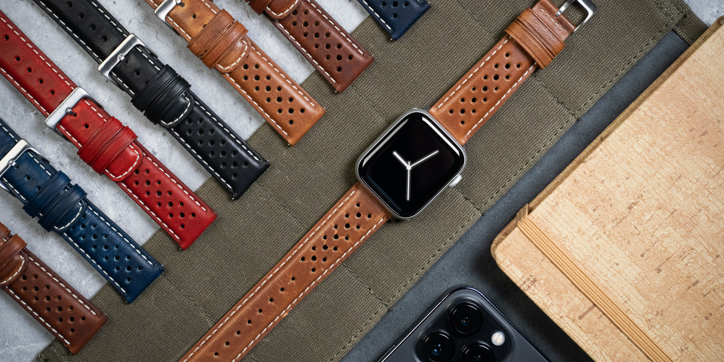 Apple Watch Black Linen Stitch Racing Horween Leather Watch Band