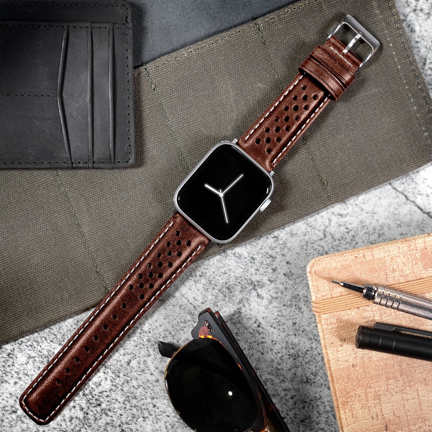 Apple Watch Chocolate Brown Linen Stitch Racing Horween Leather Watch Band