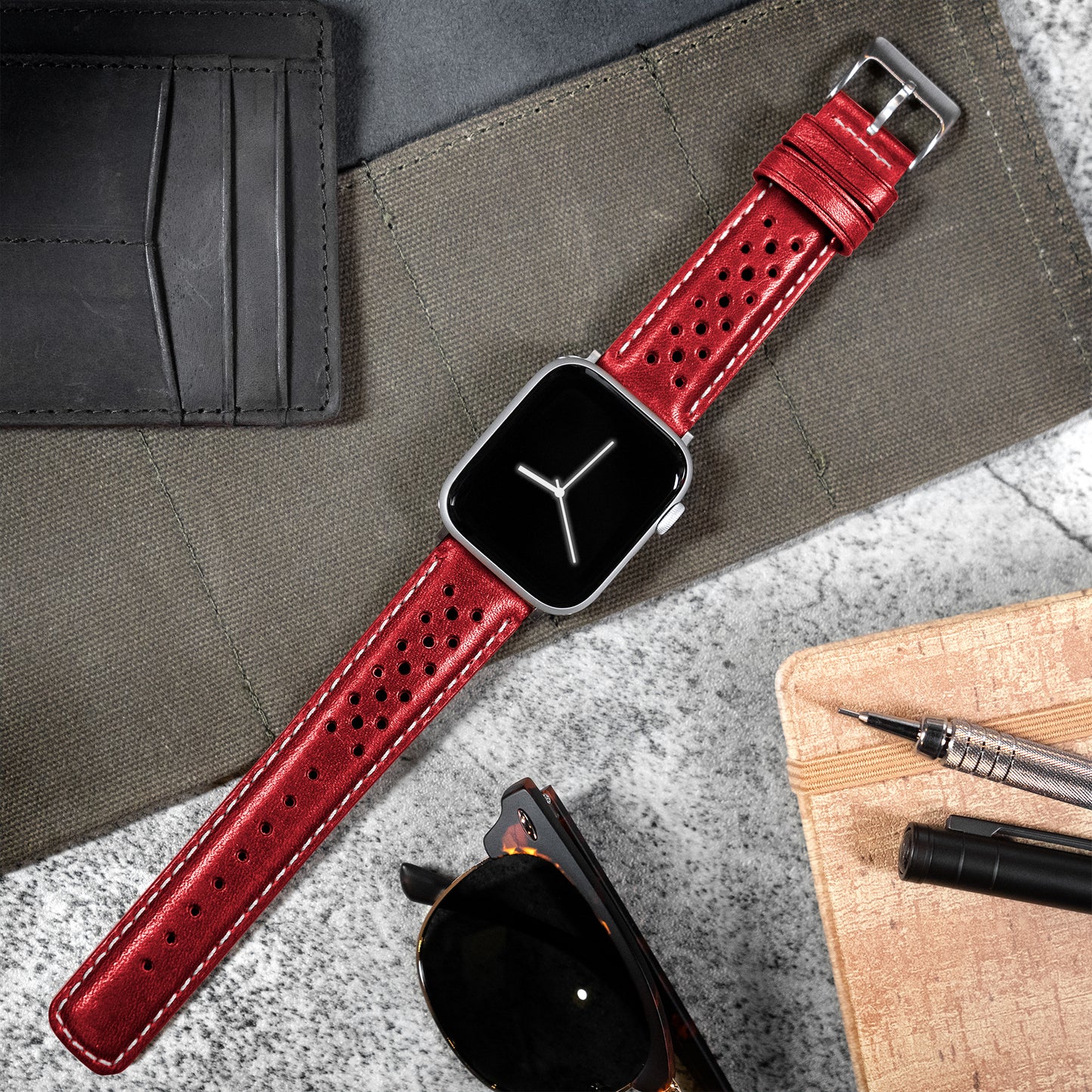 Apple Watch Crimson Red Linen Stitch Racing Horween Leather Watch Band