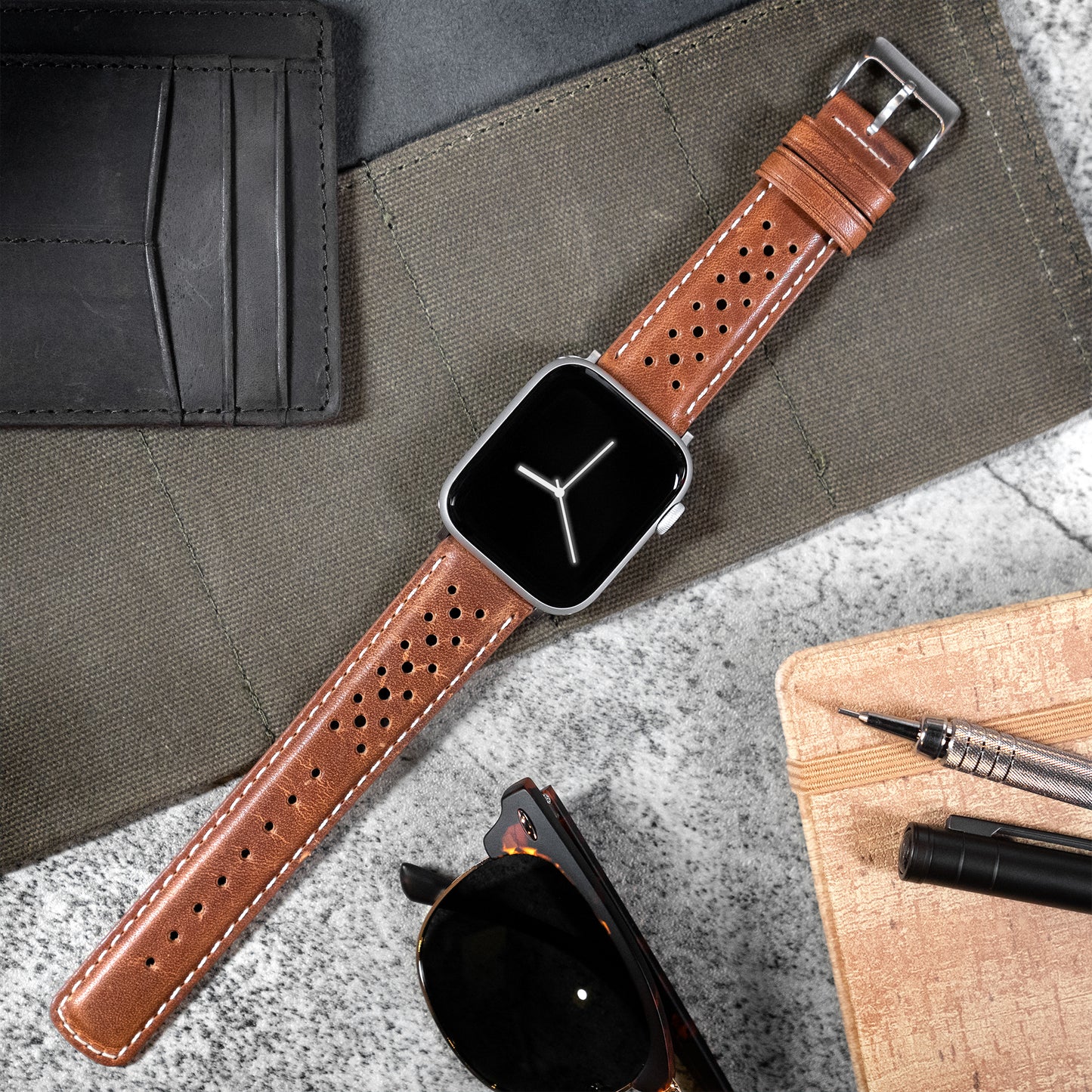 Apple Watch Caramel Brown Linen Stitch Racing Horween Leather Watch Band