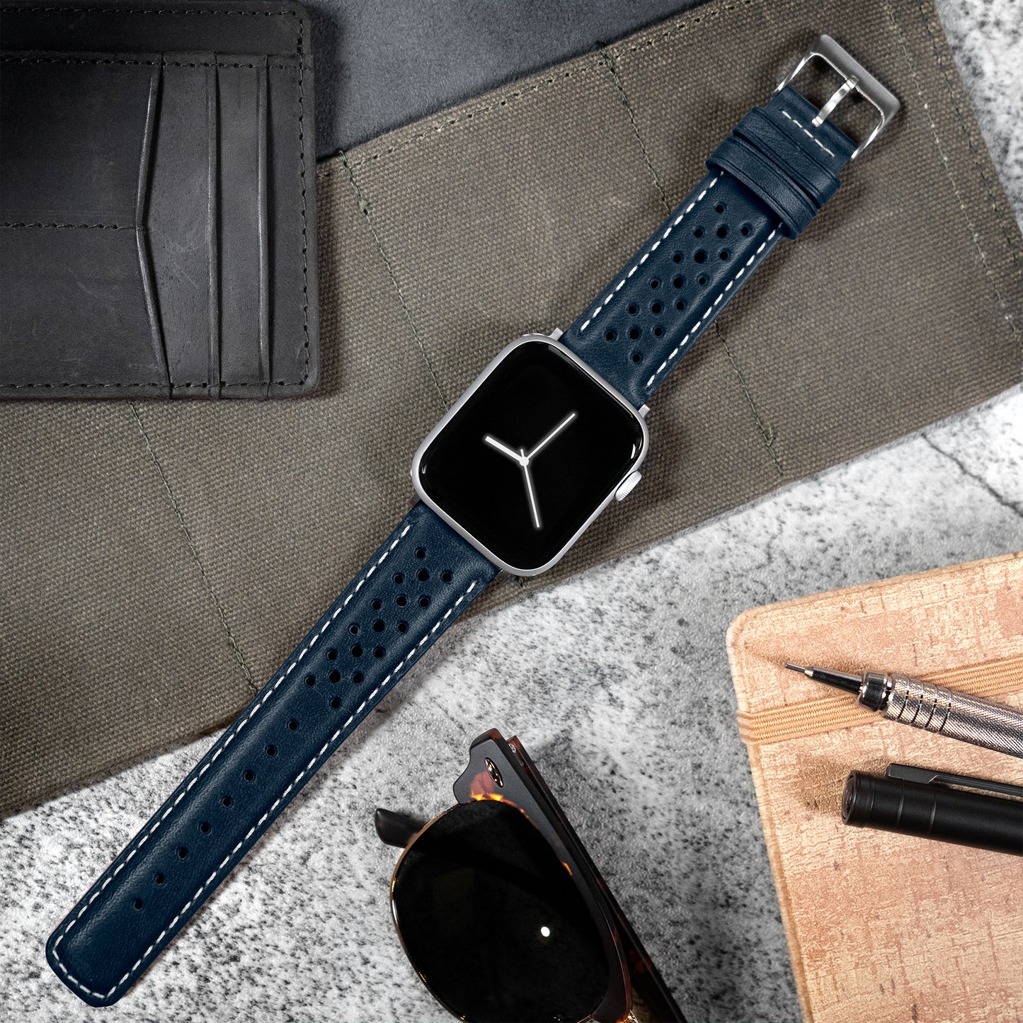 Apple Watch Navy Blue Linen Stitch Racing Horween Leather Watch Band
