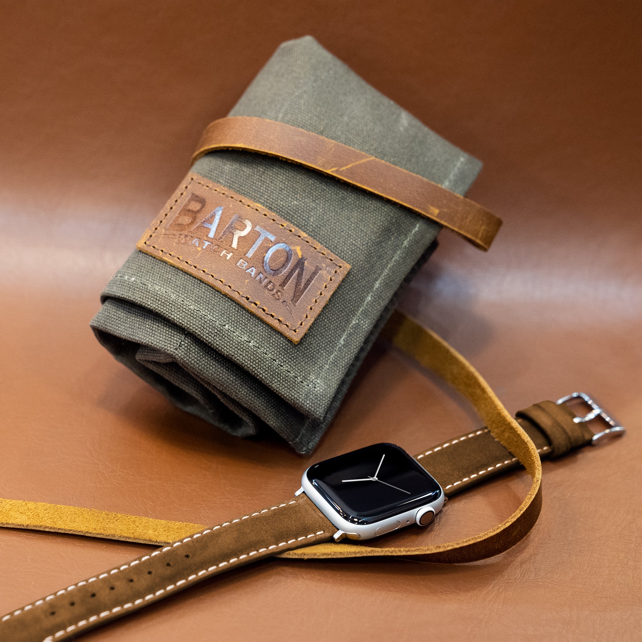 Apple Watch | Cognac Brown Suede & Linen White Stitching - Barton Watch Bands