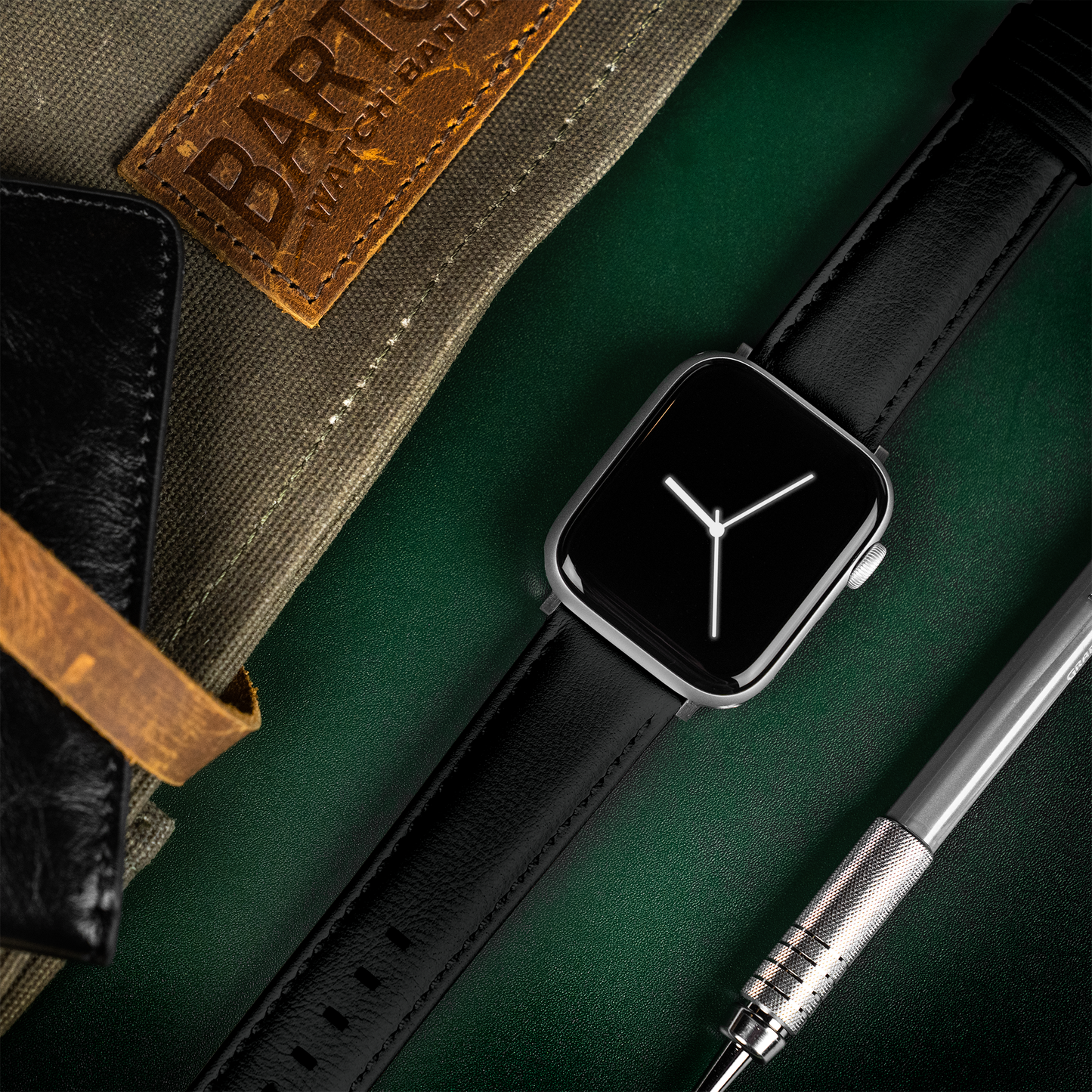 Apple Watch Black Pittards Performance Leather Black Stitching Watch Band