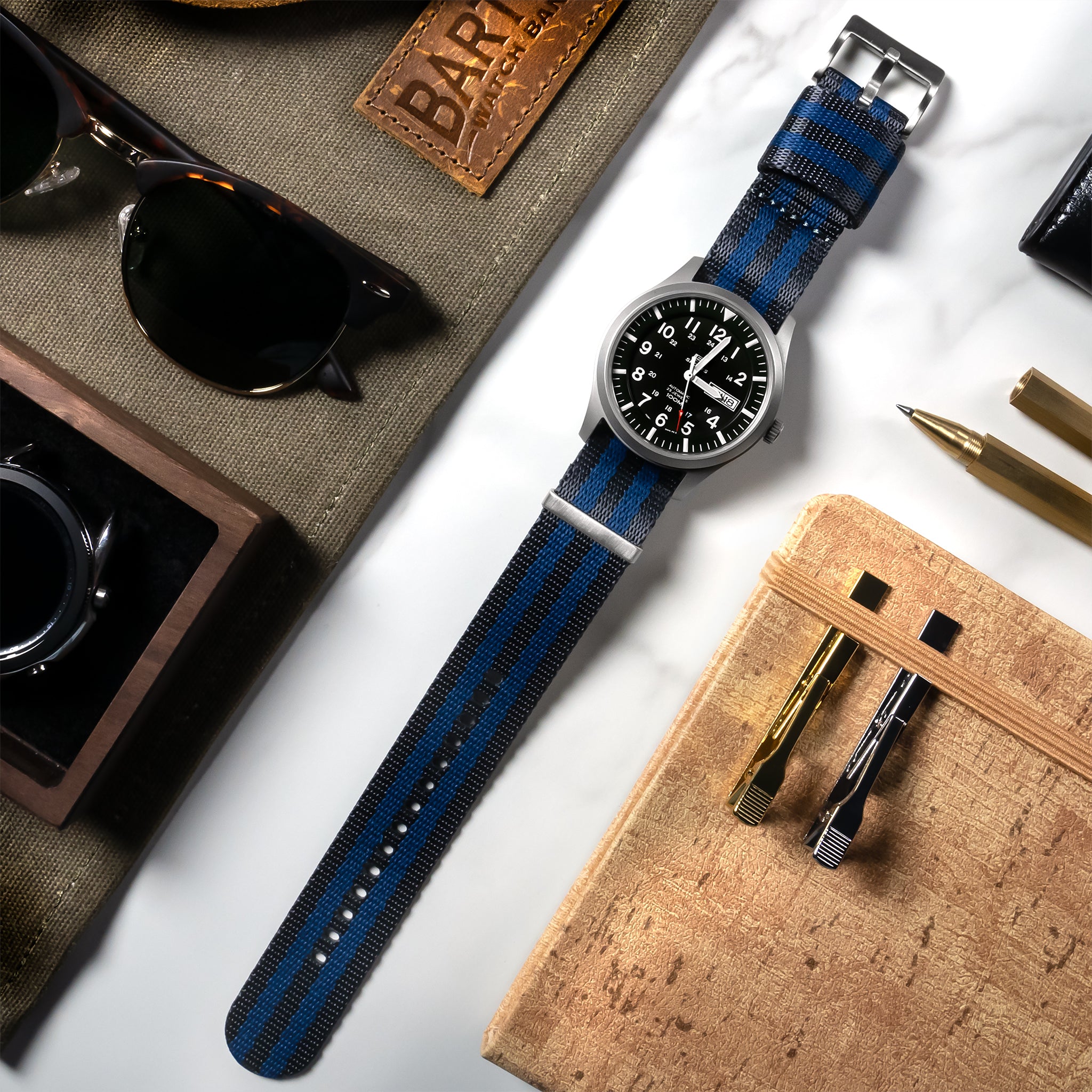 Grey With Blue Stripes Elite Nylon NATO® style Watch Band - (18mm, 22mm, 24mm SALE)