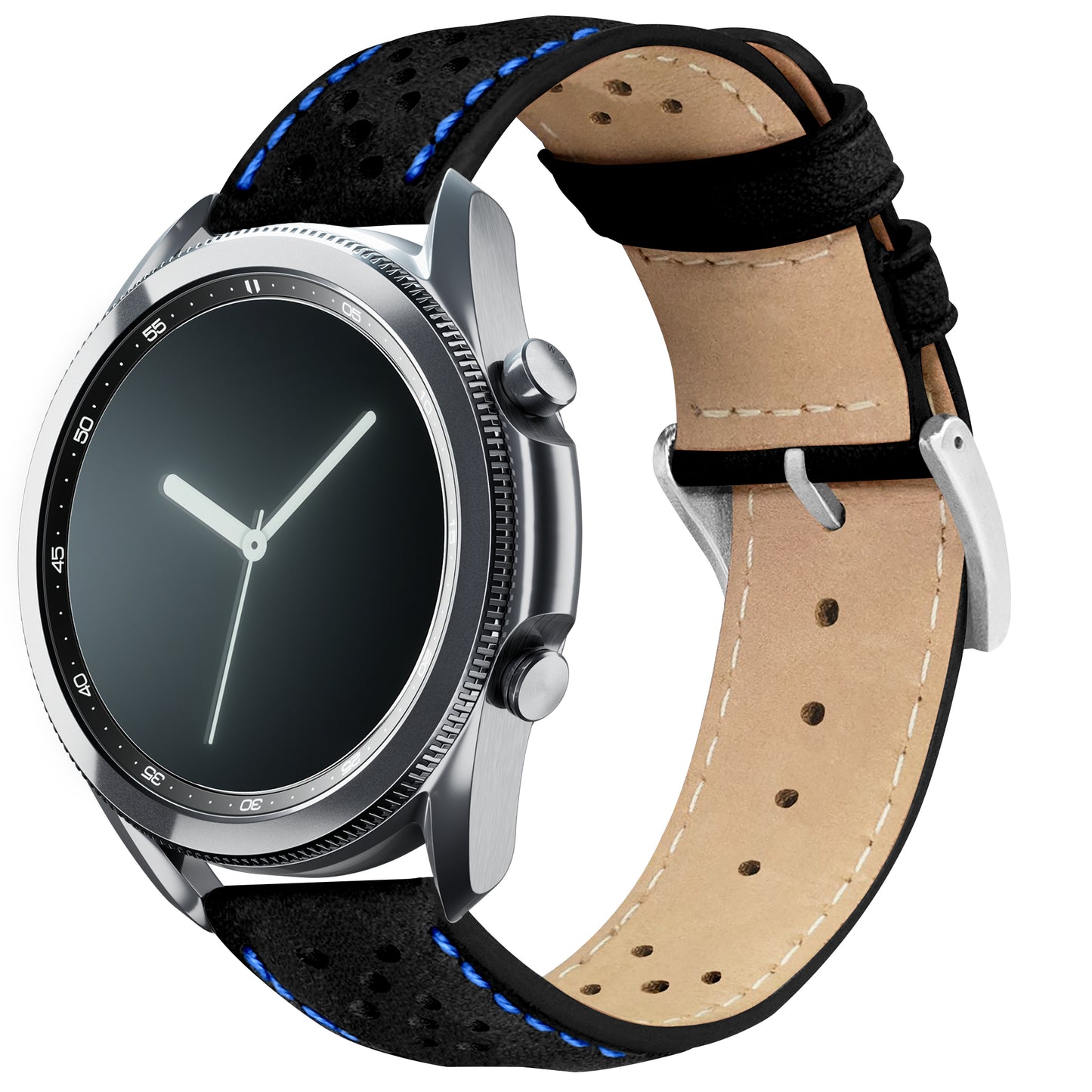 Samsung Galaxy Watch3 Racing Horween Leather Black Blue Stitch Watch Band