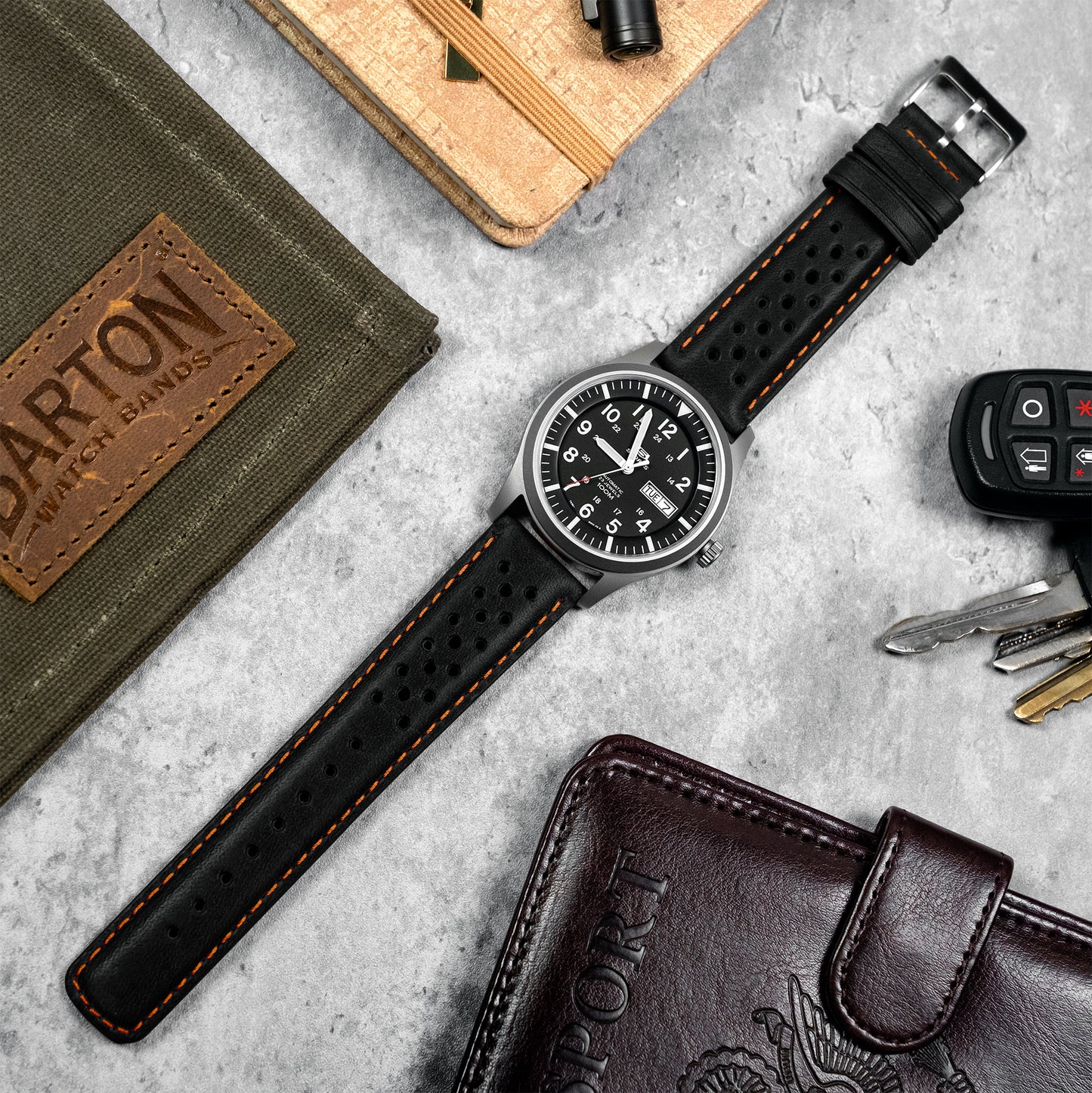 Black Orange Stitch Racing Horween Leather Watch Band