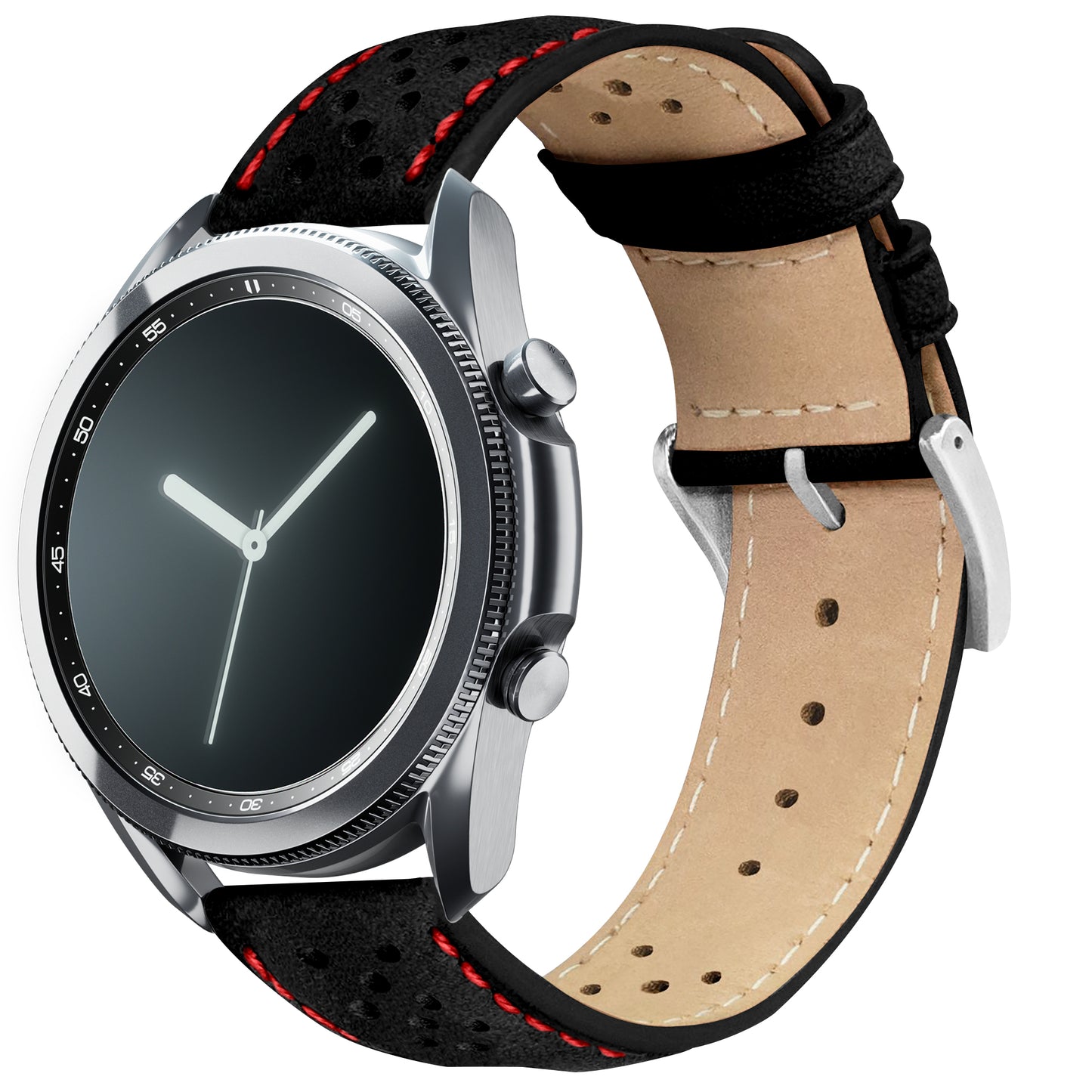Samsung Galaxy Watch3 Racing Horween Leather Black Red Stitch Watch Band
