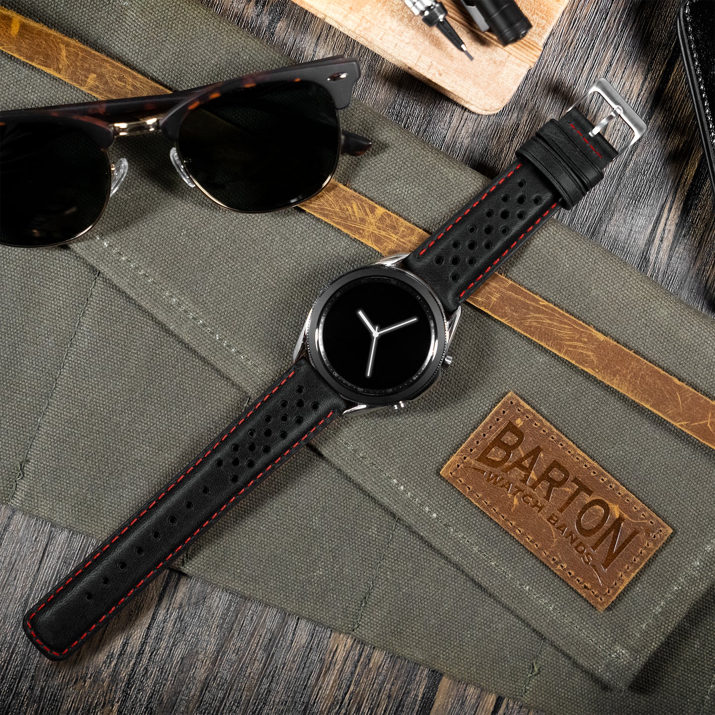 Samsung Galaxy Watch Active Racing Horween Leather Black Red Stitch Watch Band