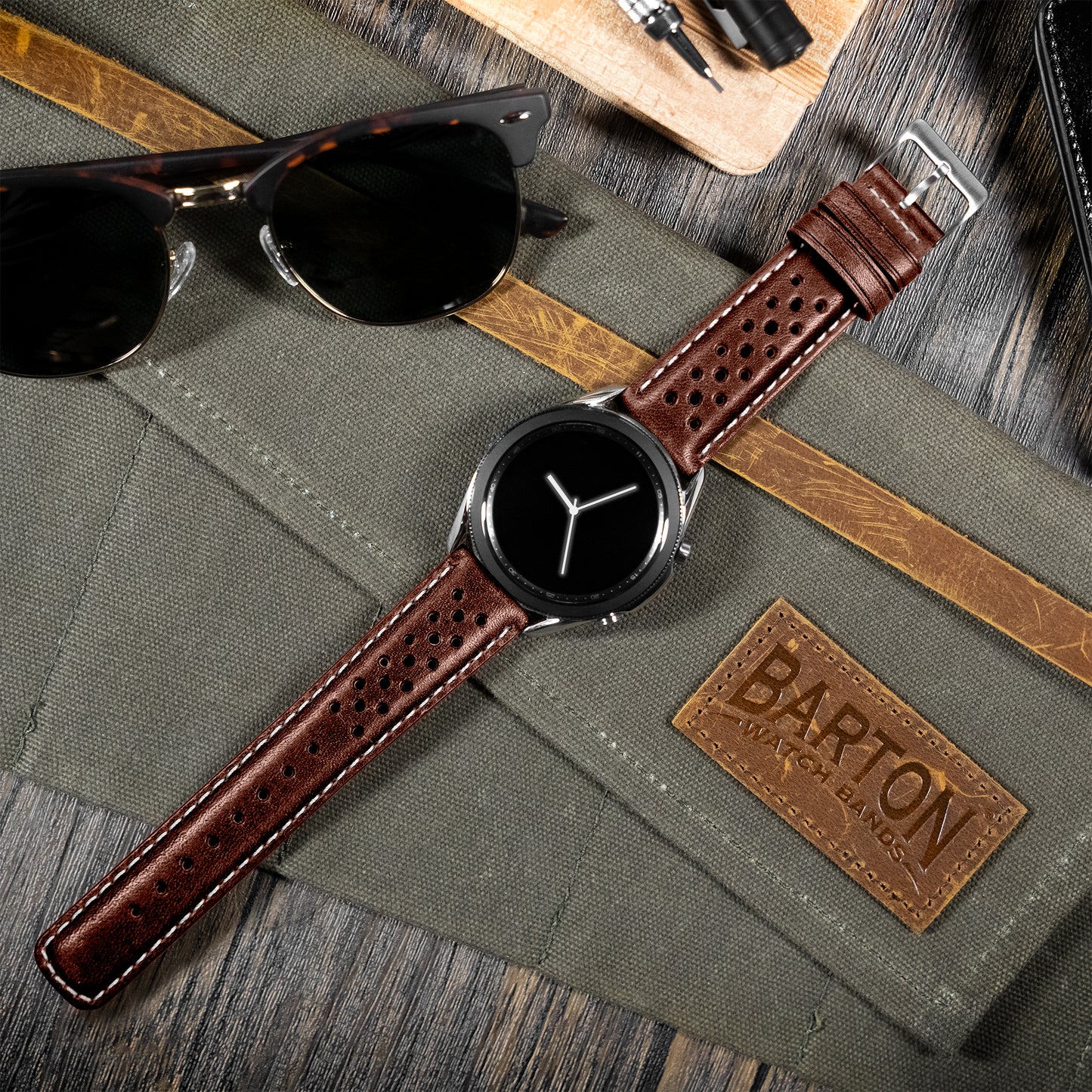 Samsung Galaxy Watch Racing Horween Leather Chocolate Brown Linen Stitch Watch Band