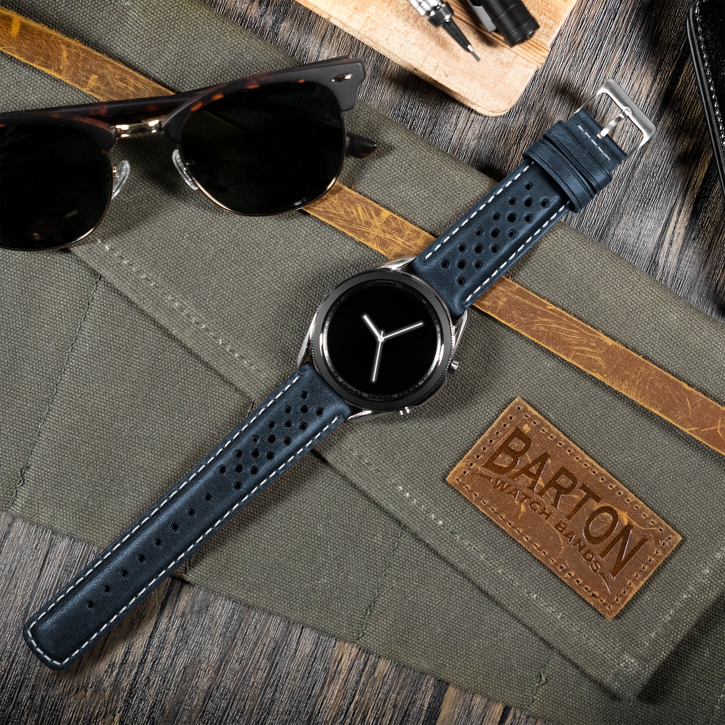 Samsung Galaxy Watch Active 2 Racing Horween Leather Navy Blue Linen Stitch Watch Band
