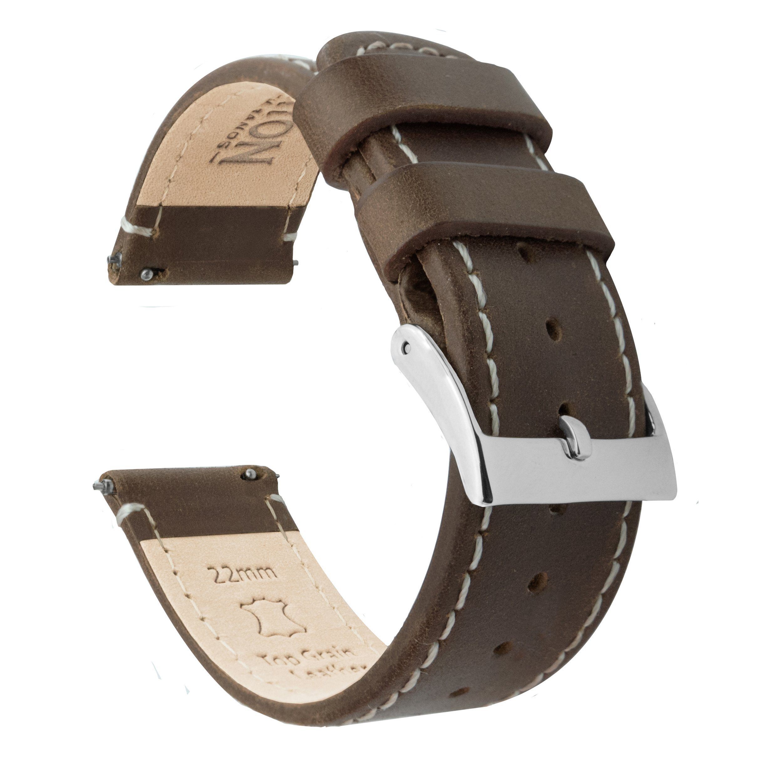 18mm Brown Genuine Leather Watchband | Center Padded Replacement Wrist  Strap with Creamy White Colored Stitching that brings New Life to Any Watch