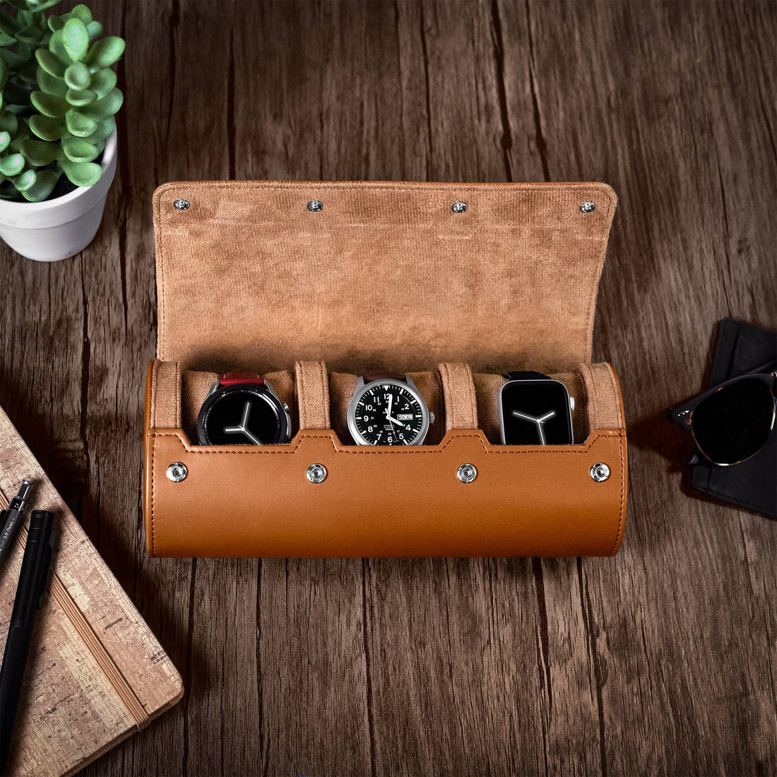 Barton Watch Roll - Brown Recycled Leather Watch Travel Case & Watch Band Storage - 3 Watch Case