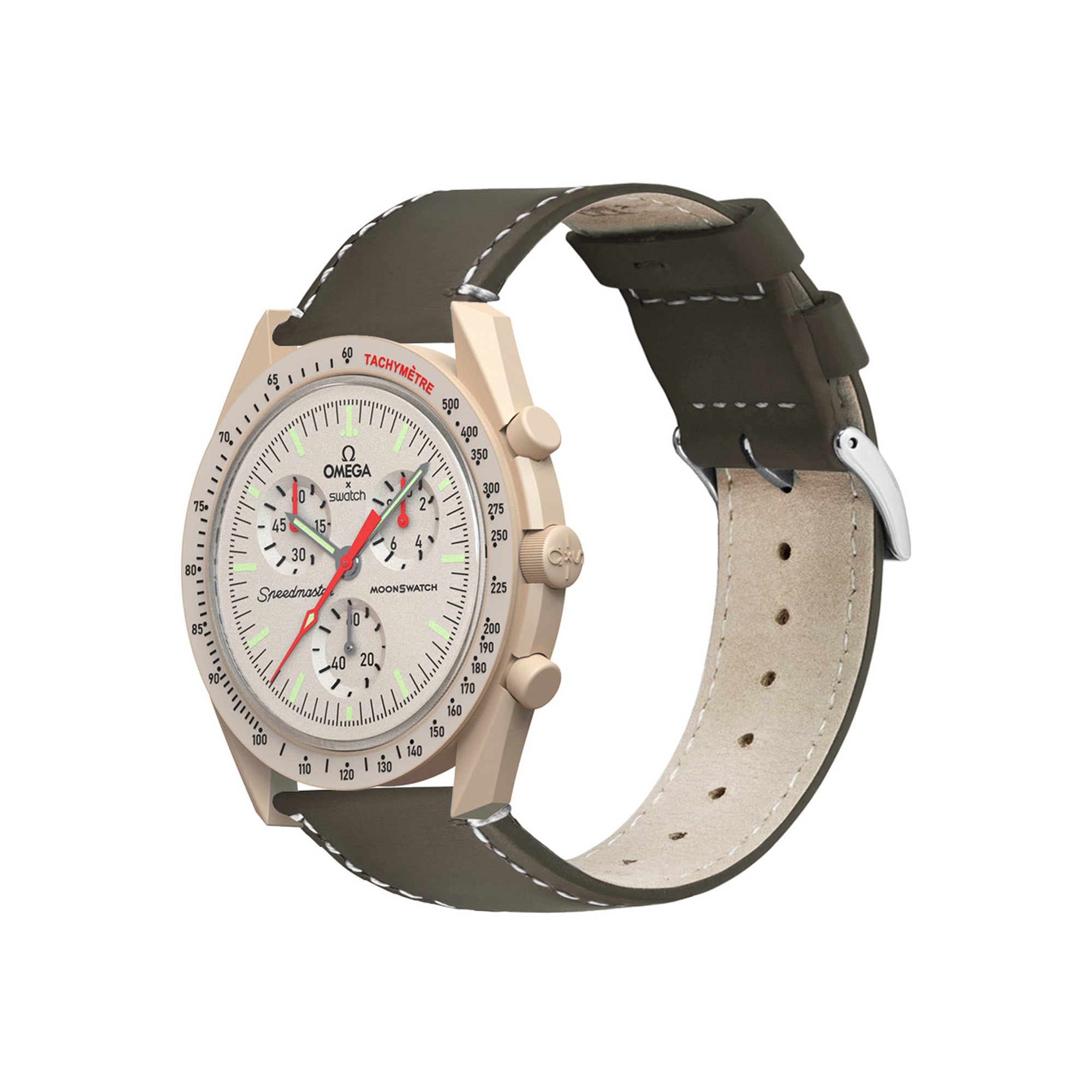 Omega Moonswatch Espresso Brown Leather Linen White Stitching Watch Band