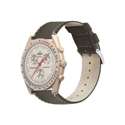 Omega Moonswatch Espresso Brown Leather Linen White Stitching Watch Band