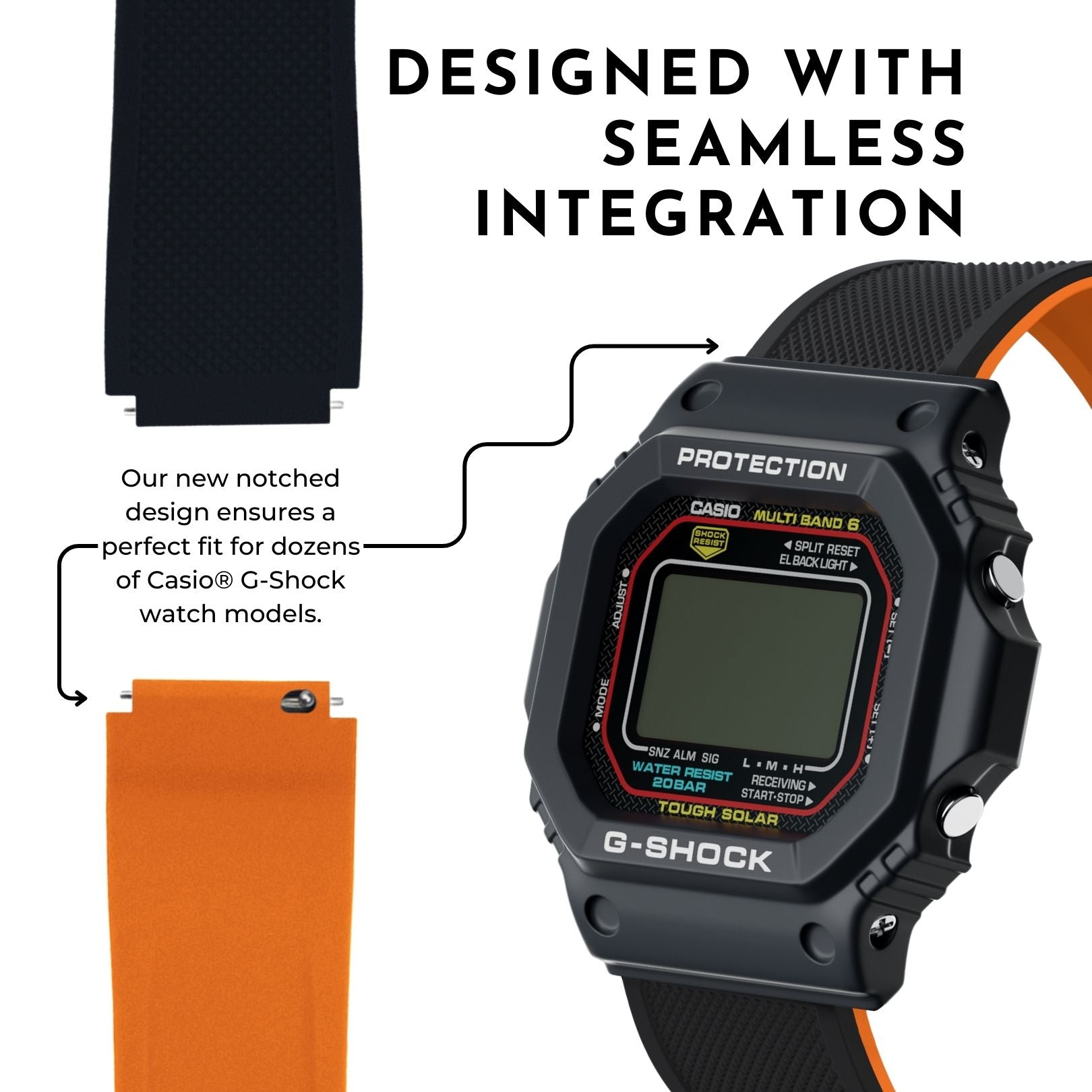 Black & Orange Elite Silicone Casio® G-Shock Watch Band