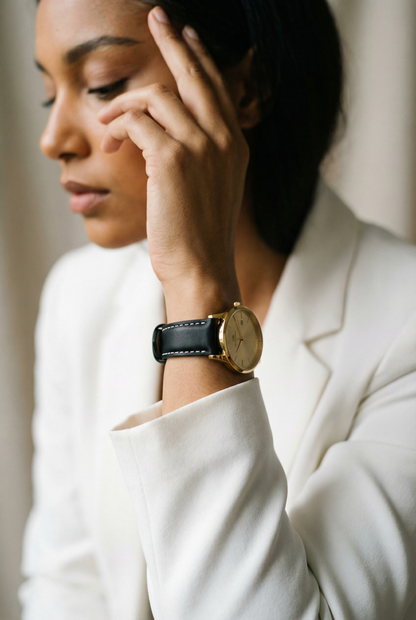 Black Leather White Stitching Quick Release Watch Band (Women's)