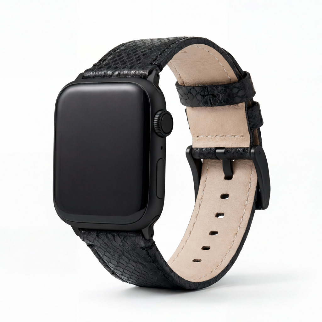 Apple Watch Genuine Snakeskin Black Leather Watch Band, Crafted in the USA