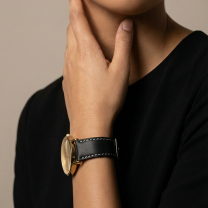 Black Leather White Stitching Quick Release Watch Band (Women's)