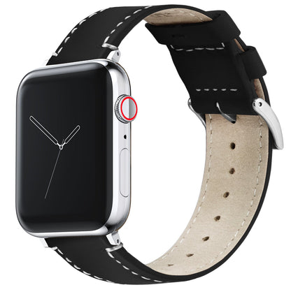 Apple Watch Large (44mm, 45mm, 46mm & 49mm) Black Leather White Stitching Watch Band