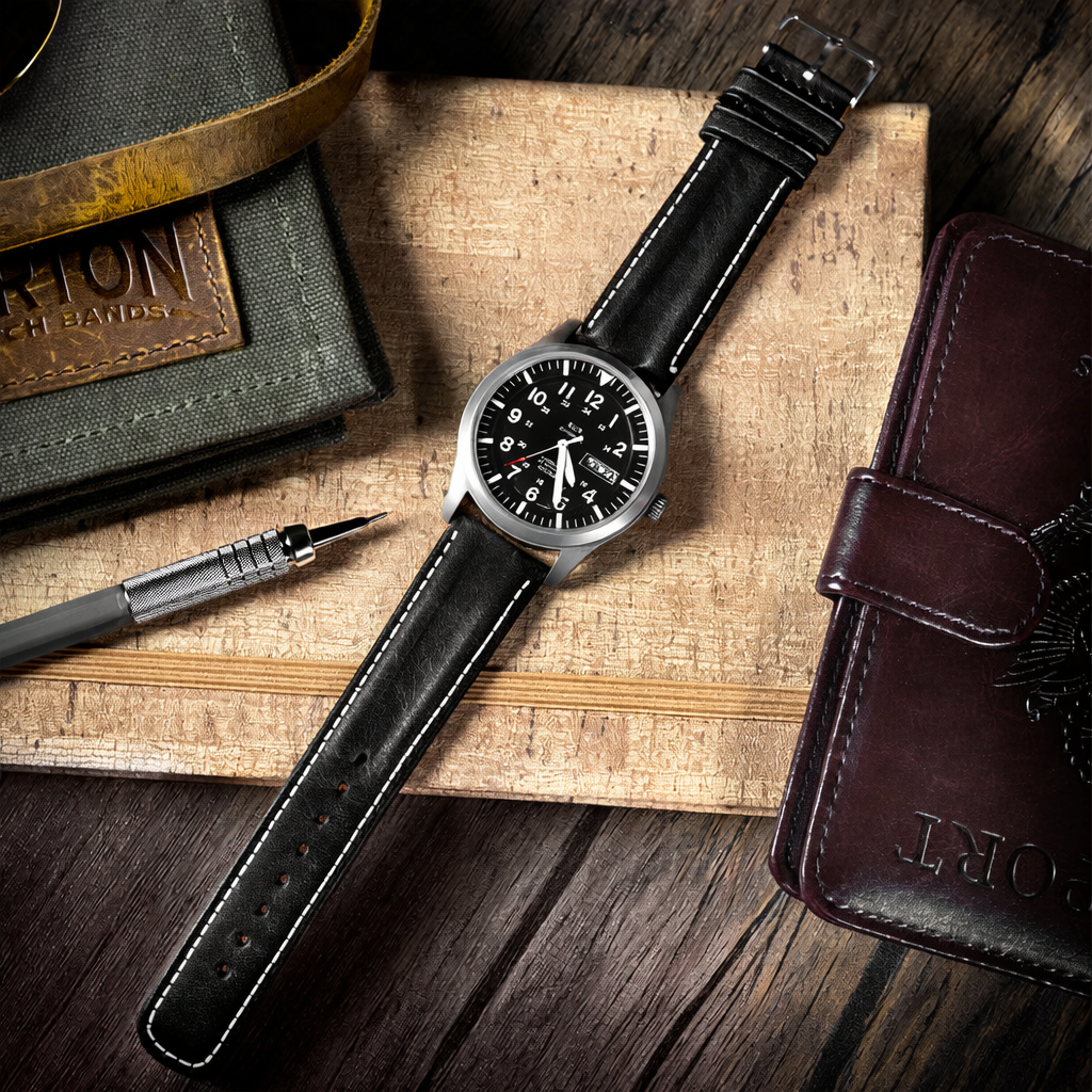 Black Classic Horween Leather Linen Stitch Watch Band