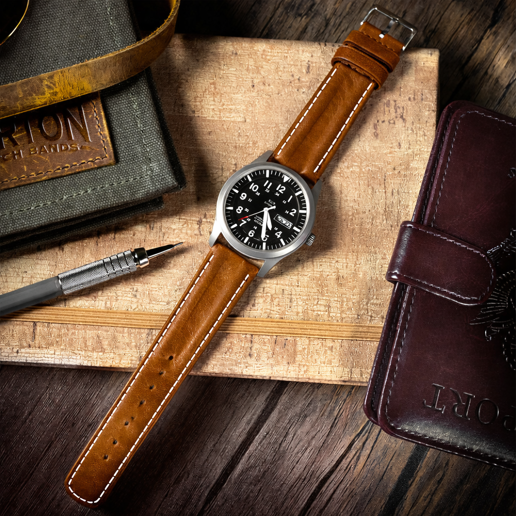 Caramel Brown Classic Horween Leather Linen Stitching Watch Band