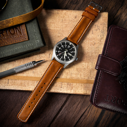 Caramel Brown Classic Horween Leather Linen Stitching Watch Band