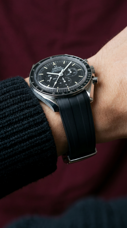 Black FKM Rubber Curved Strap - Deployant Clasp | Your Size, Your Cut