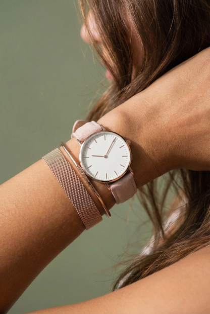 Genuine Nubuck Beige Leather Watch Band, Crafted in the USA (Women's)