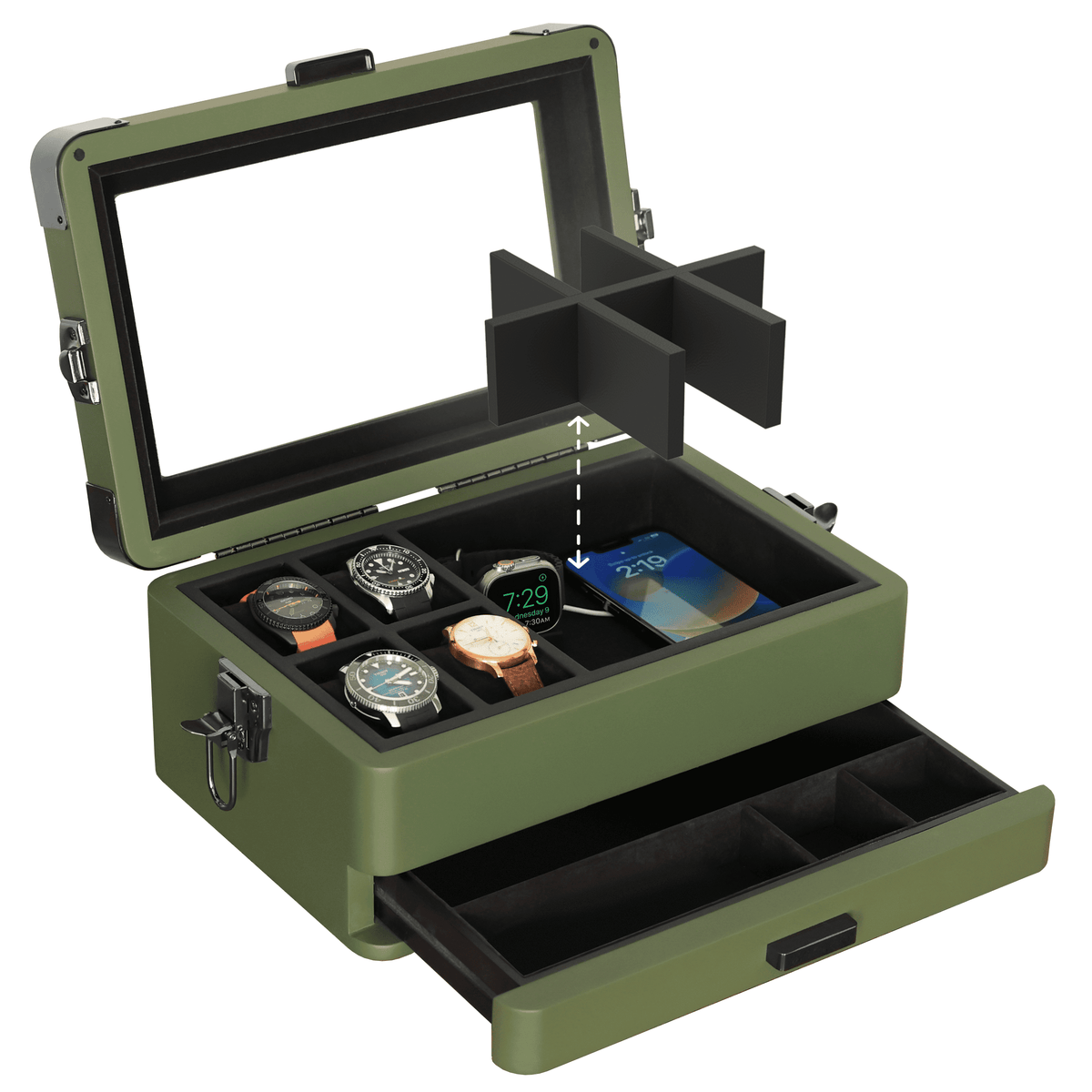 Modular Watch Display Box 10-Slot Green Watch Box with Modular Storage & Accessory Drawer ...