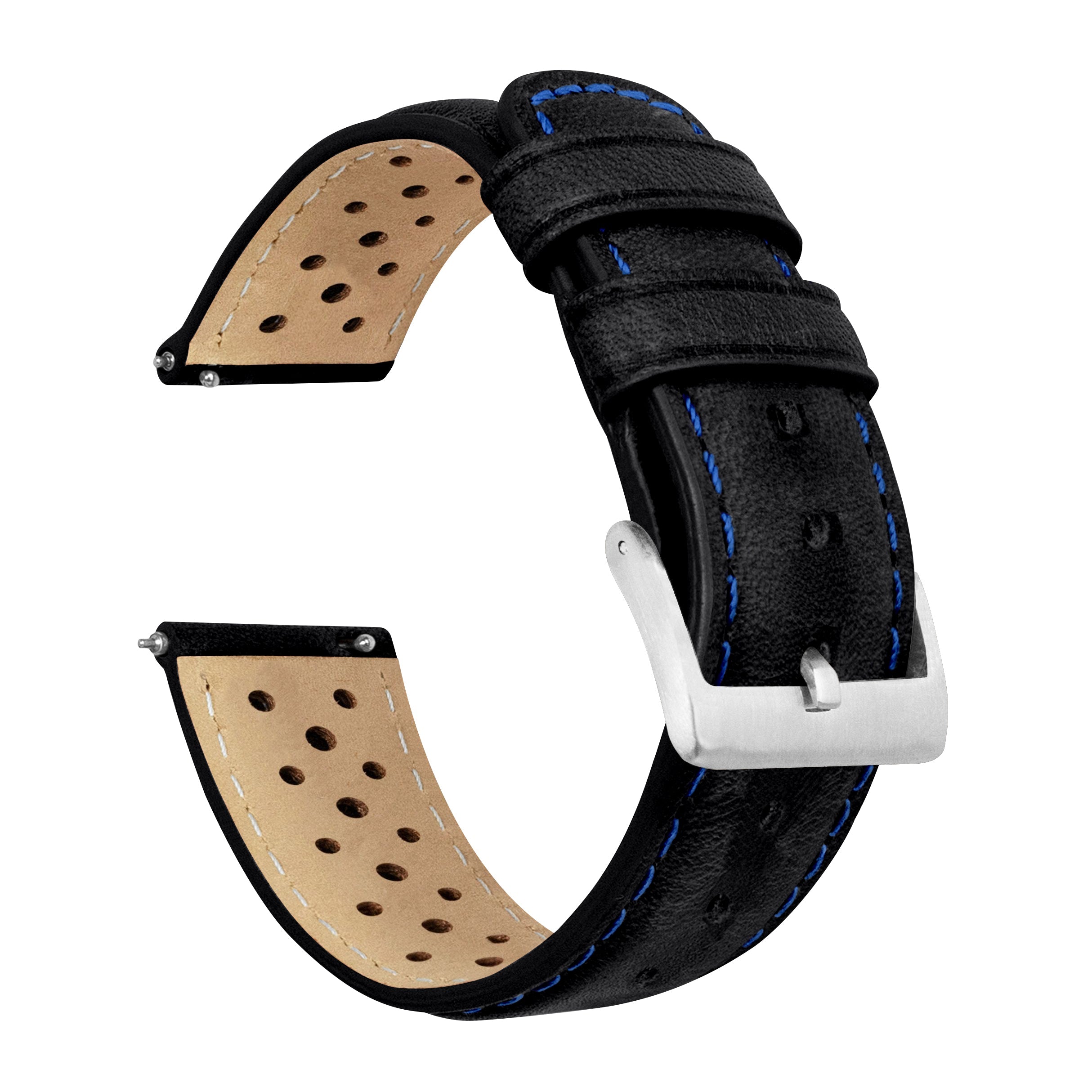 Black Blue Stitch Racing Horween Leather 18mm Watch Band