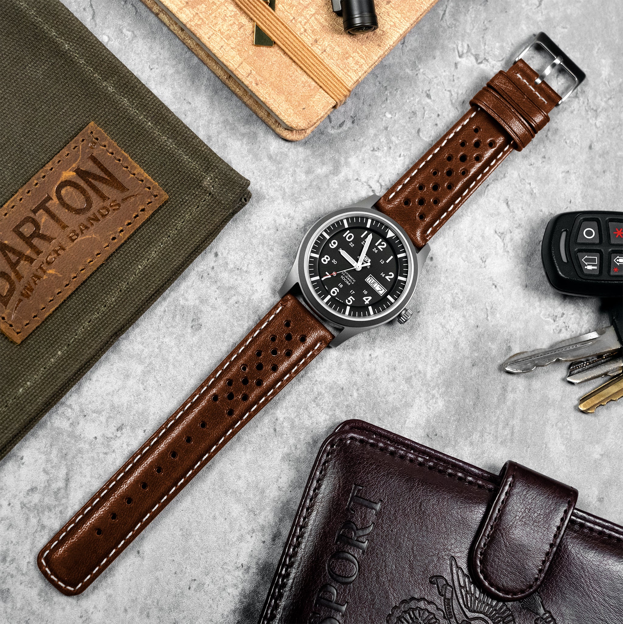 Chocolate Brown Linen Stitch Racing Horween Leather Watch Band