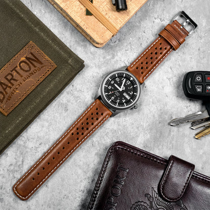 Caramel Brown Linen Stitch Racing Horween Leather Watch Band