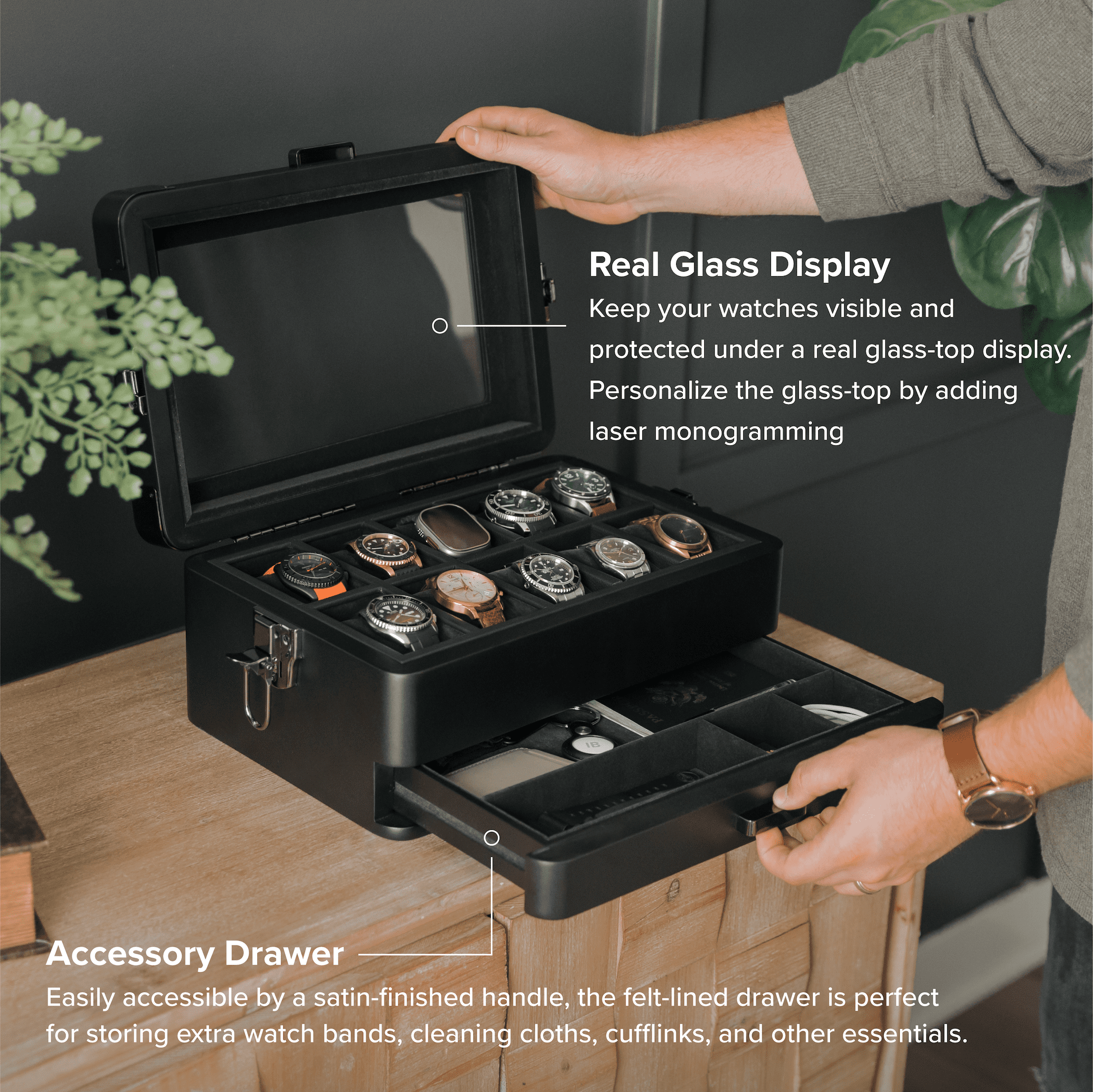 10-Slot Black Watch Box with Modular Storage & Accessory Drawer