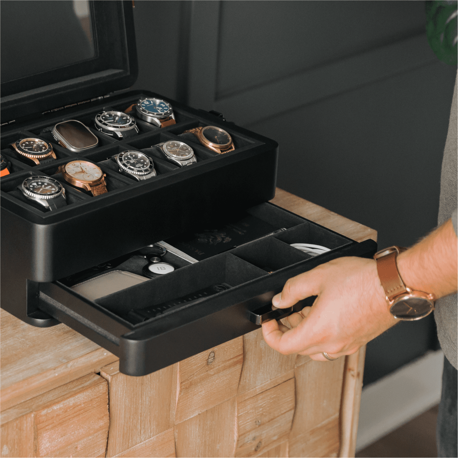 10-Slot Black Watch Box with Modular Storage & Accessory Drawer
