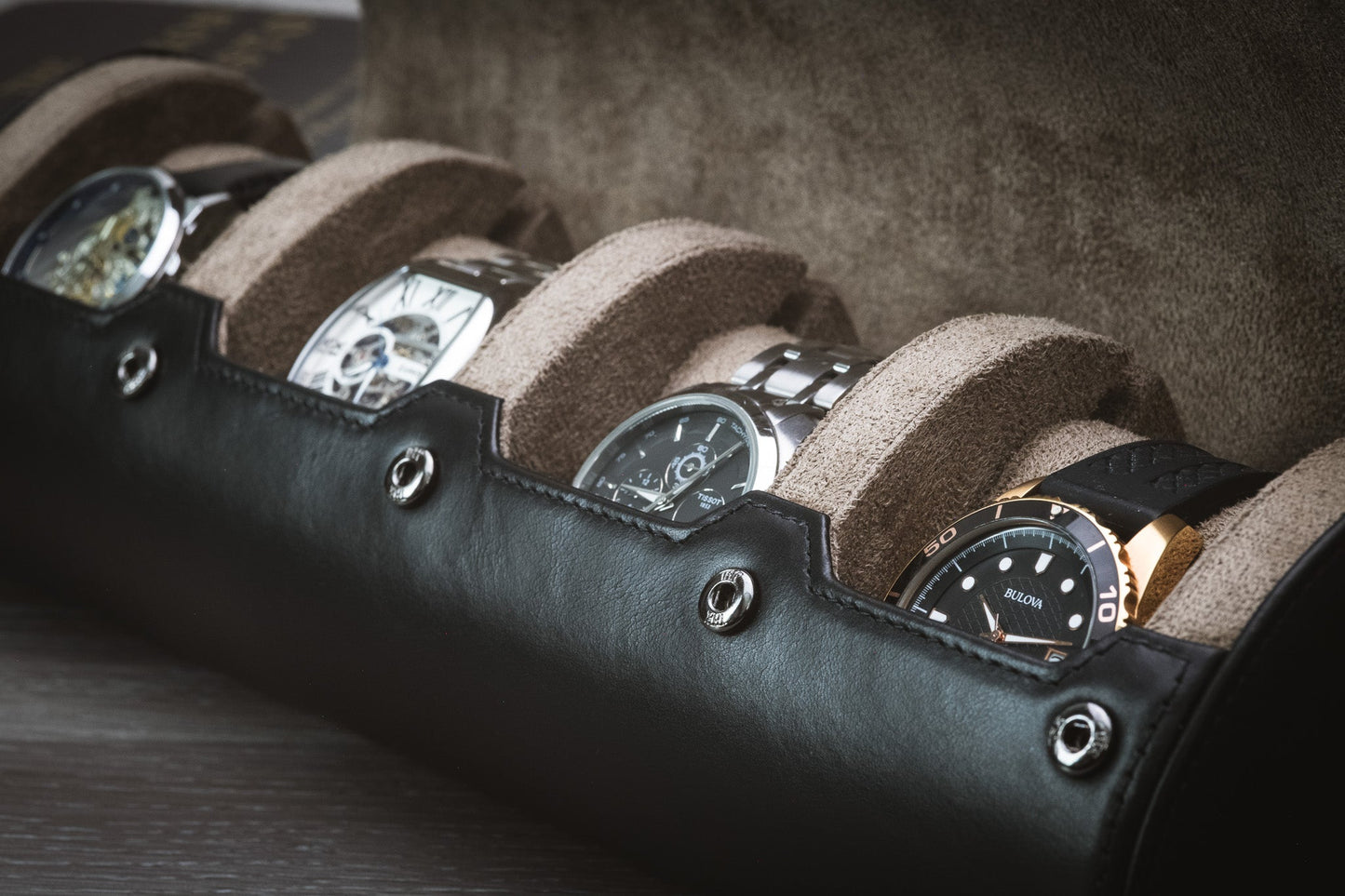 4 Watches Travel Case Full-grain Cow Leather - Sable Black Watch Roll