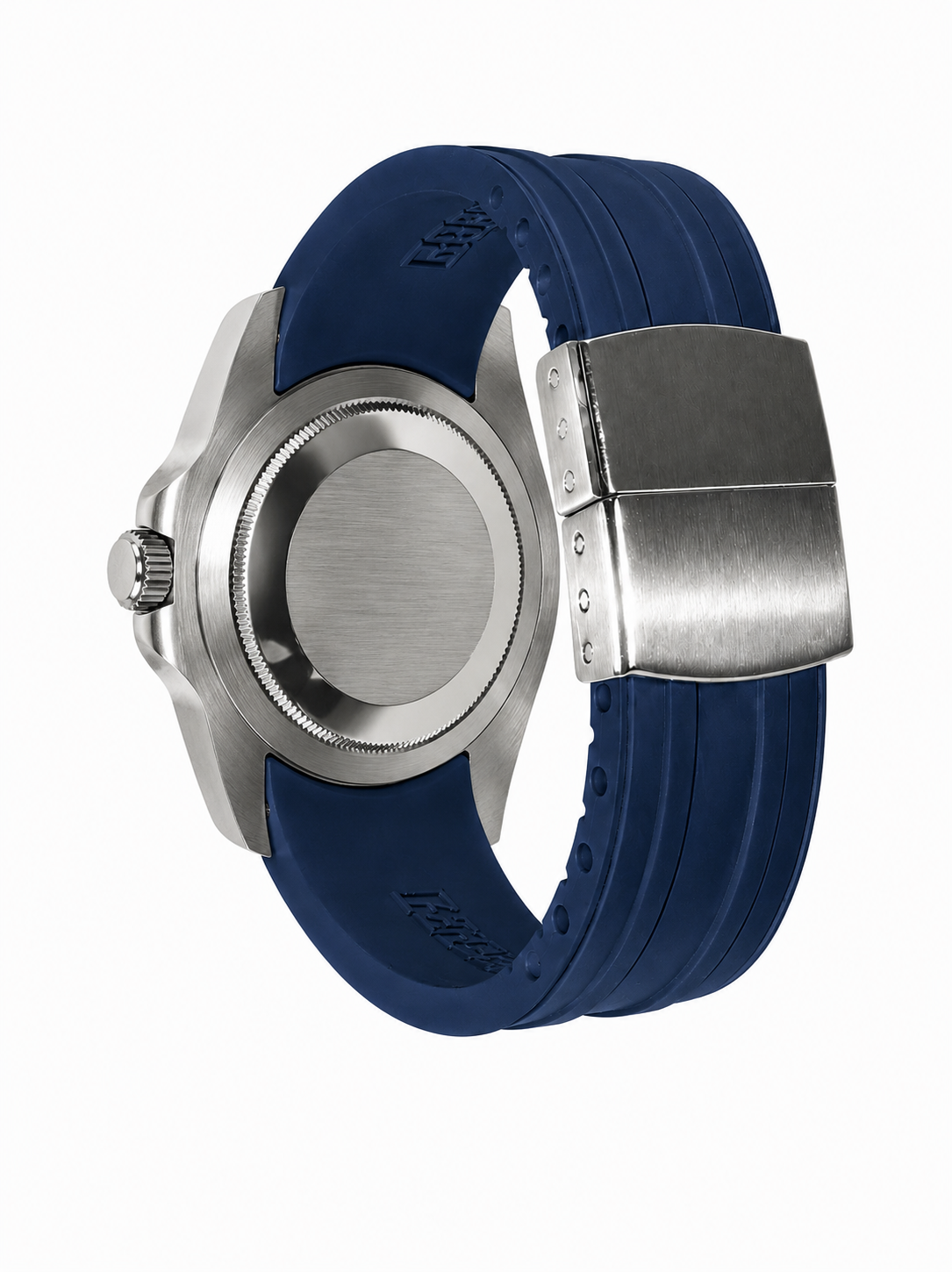 Navy Blue FKM Rubber Curved Strap - Deployant Clasp | Your Size, Your Cut