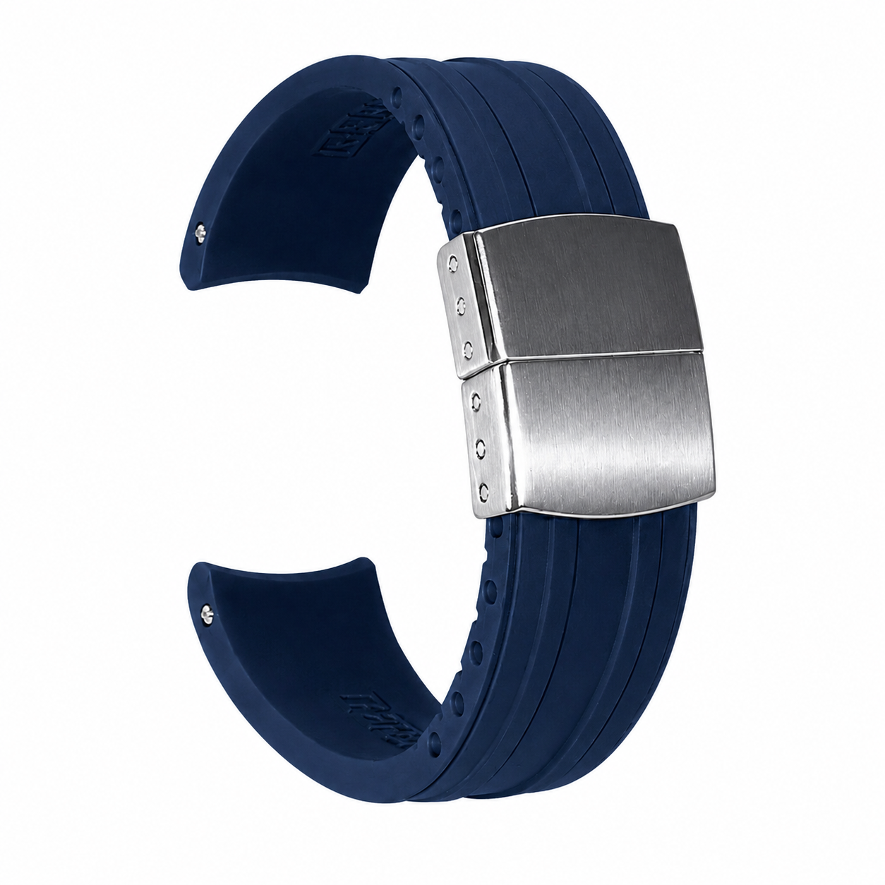 Navy Blue FKM Rubber Curved Strap - Deployant Clasp | Your Size, Your Cut