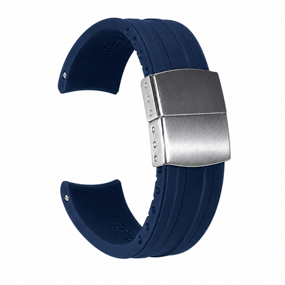 Navy Blue FKM Rubber Curved Strap - Deployant Clasp | Your Size, Your Cut