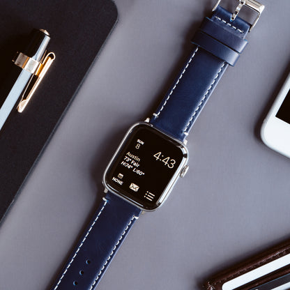 Apple Watch | Navy Blue Leather & Linen White Stitching - Barton Watch Bands