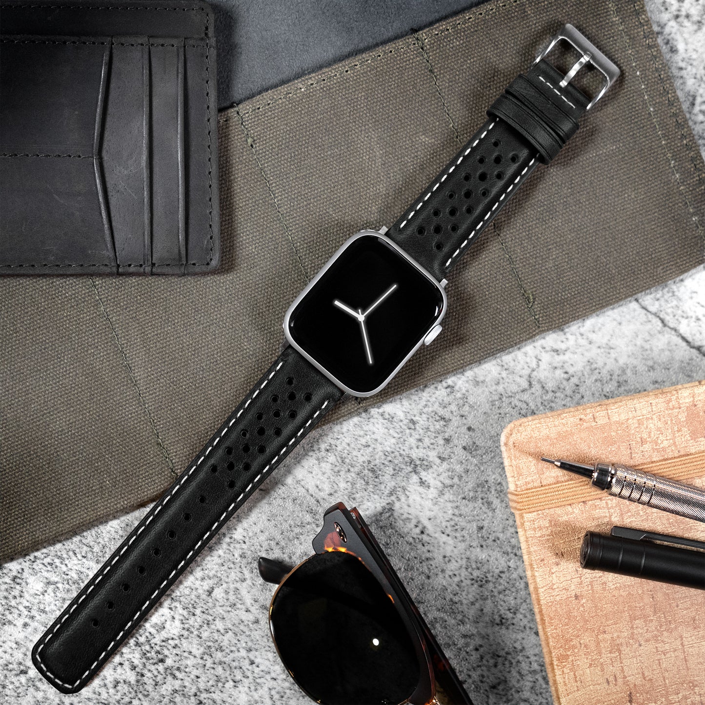 Apple Watch Black Linen Stitch Racing Horween Leather Watch Band