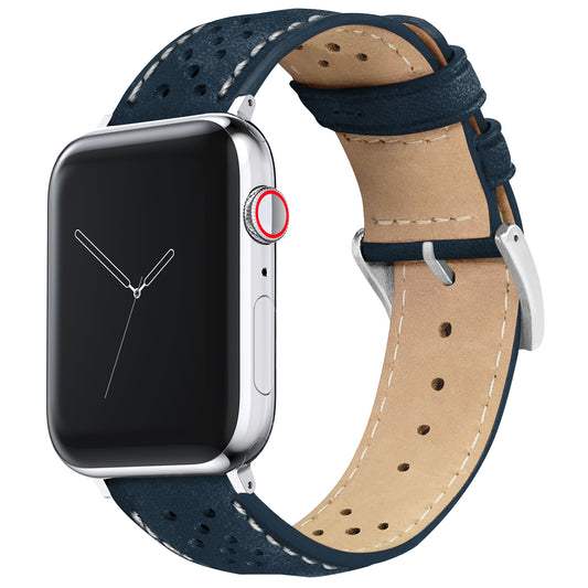 Apple Watch Navy Blue Linen Stitch Racing Horween Leather Watch Band