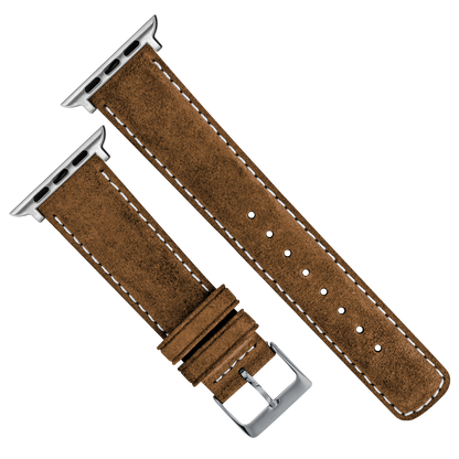 Apple Watch | Cognac Brown Suede & Linen White Stitching - Barton Watch Bands